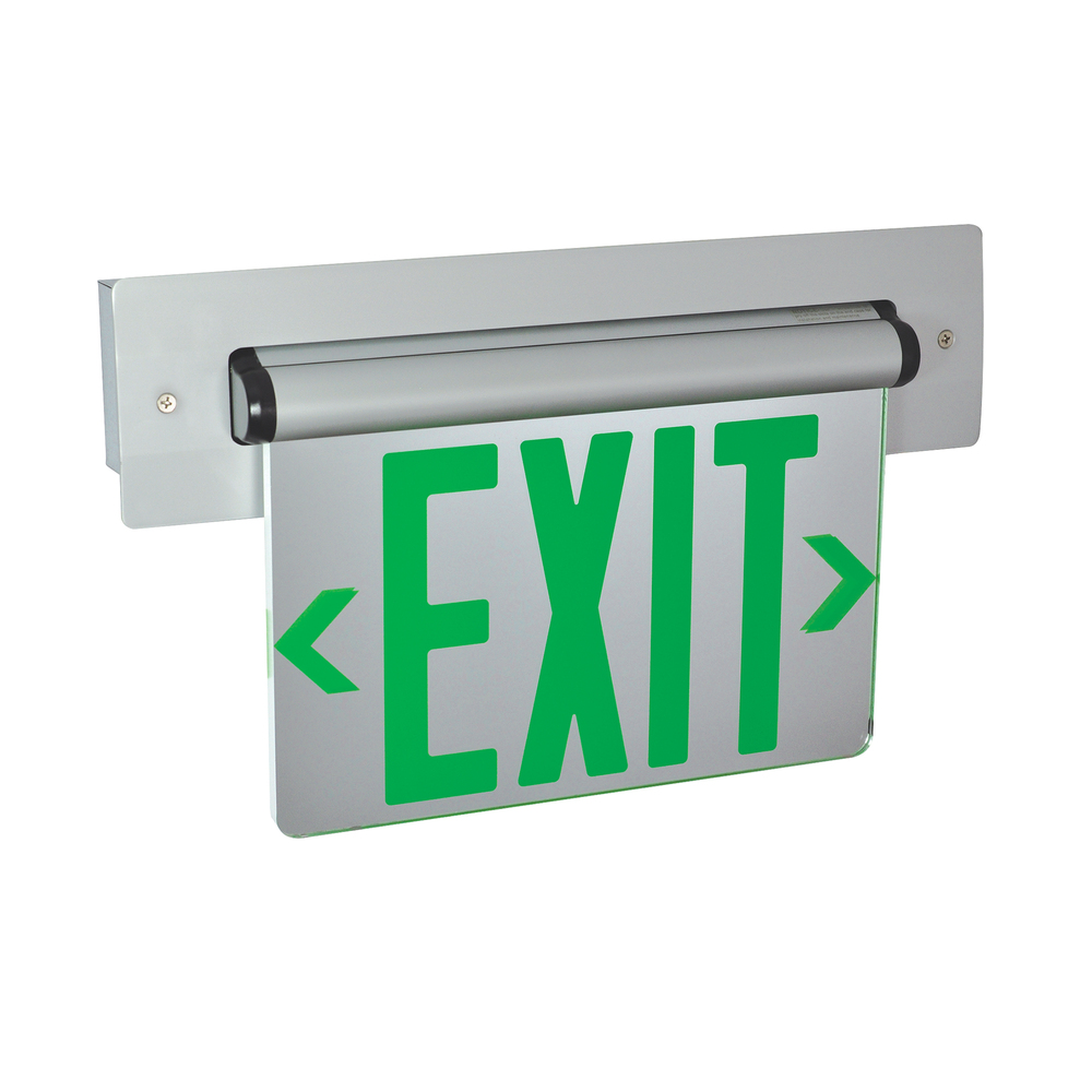 Recessed Adjustable LED Edge-Lit Exit Sign, Battery Backup, 6" Green Letters, Single Face /