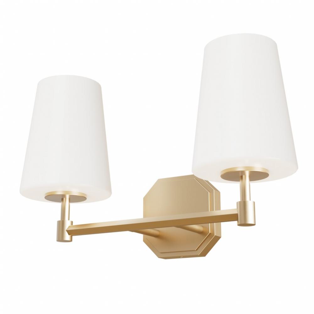 Hunter Nolita Alturas Gold with Cased White Glass 2 Light Bathroom Vanity Wall Light Fixture