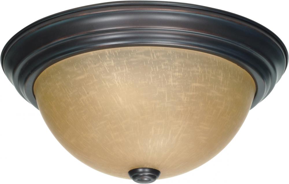 2 Light - 13" Flush with Champagne Linen Washed Glass - Mahogany Bronze Finish