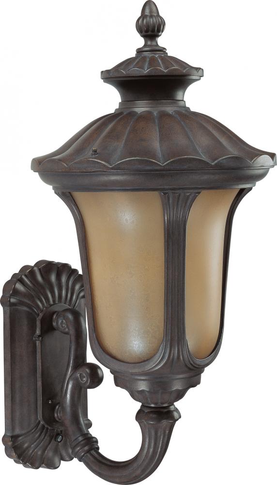 1-Light Large Outdoor Wall Lantern (Arm Up) with Photocell in Fruitwood Finish with Sienna Glass and