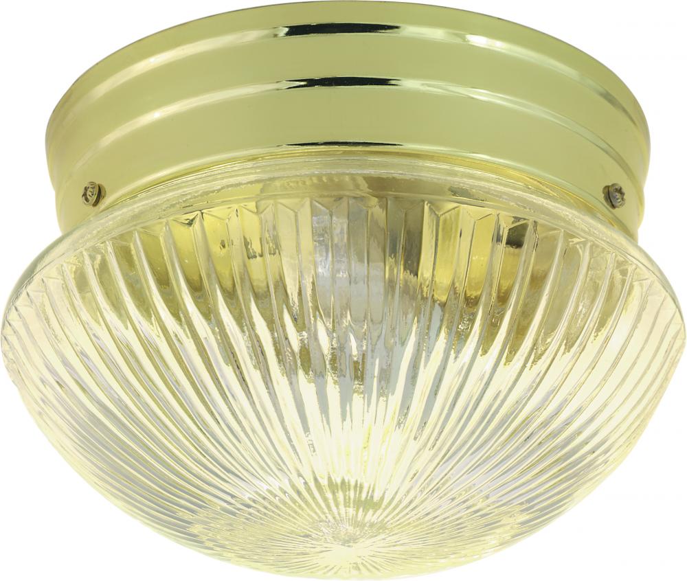 2 Light - 10" Flush with Clear Ribbed Glass - Polished Brass Finish